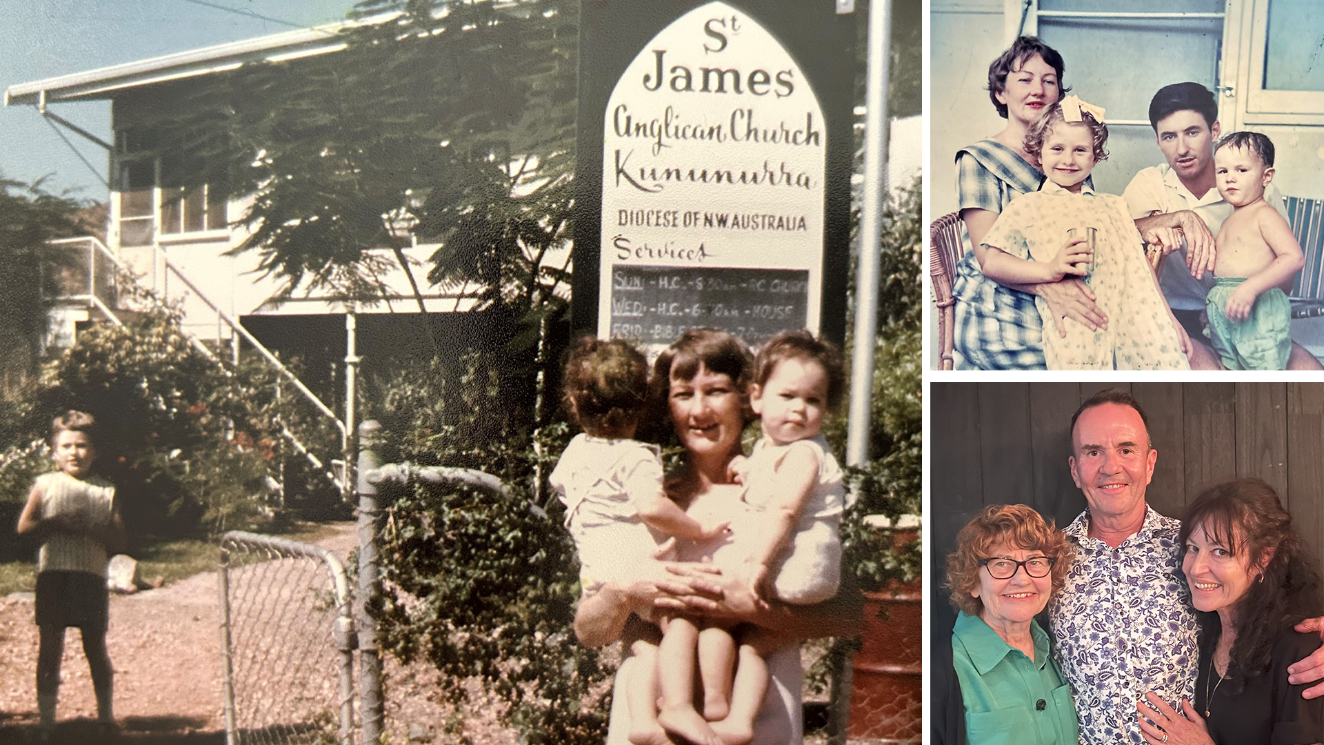 Left & top right; Two images of the family in Kununurra, bottom right; Elizabeth, Philip & Helen, one of the twins.